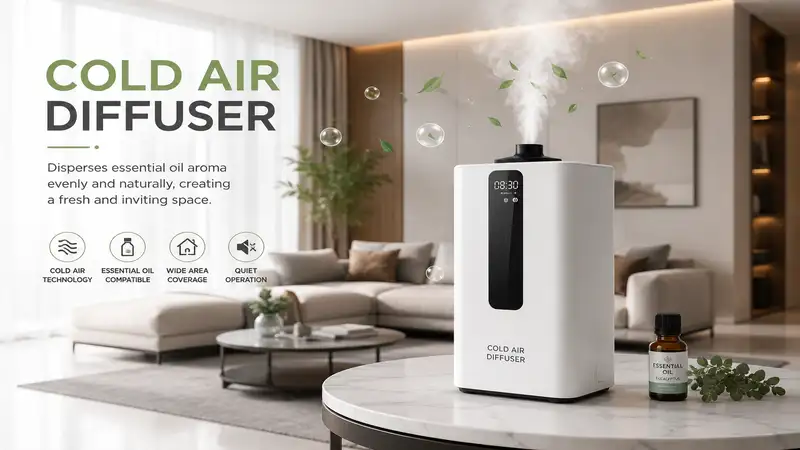 Cold air diffuser dispersing essential oil aroma evenly throughout a modern living room