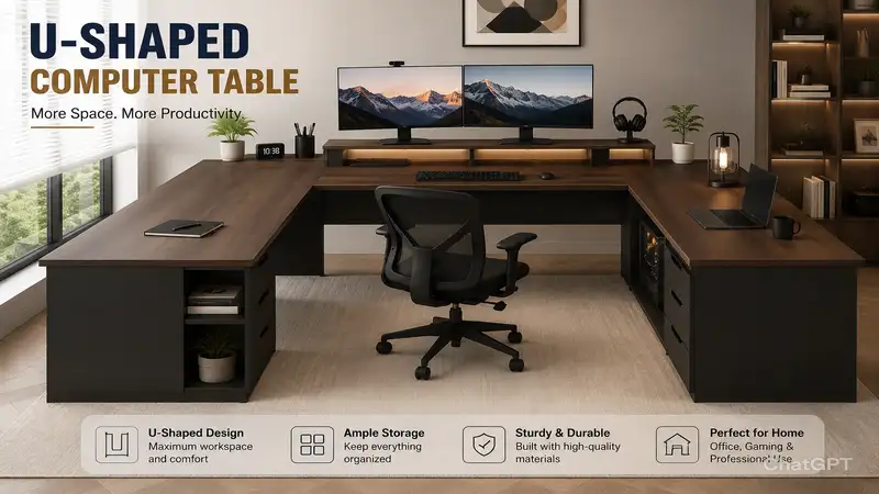 computer table u shaped modern office desk with dual monitors and ergonomic chair