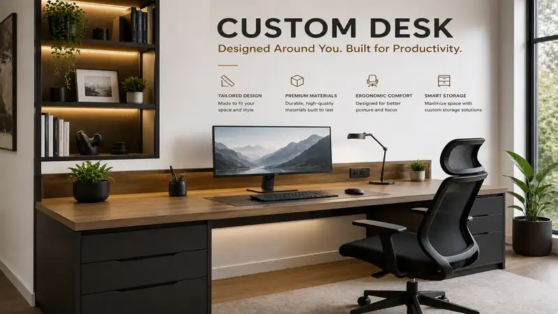 Modern custom desk setup with minimalist design and ergonomic workspace layout