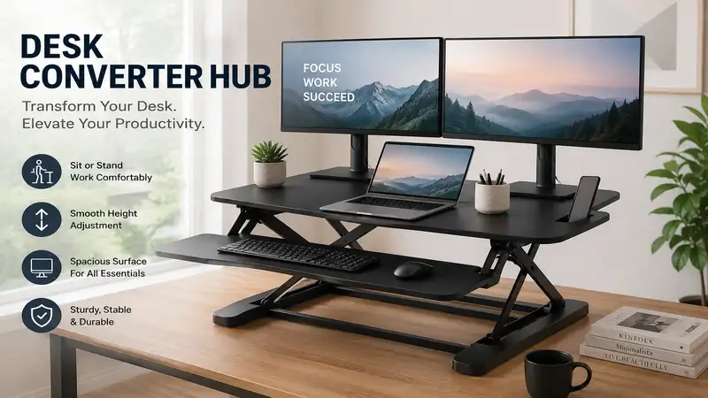 Desk Converter Hub in a modern ergonomic workspace with adjustable standing desk setup