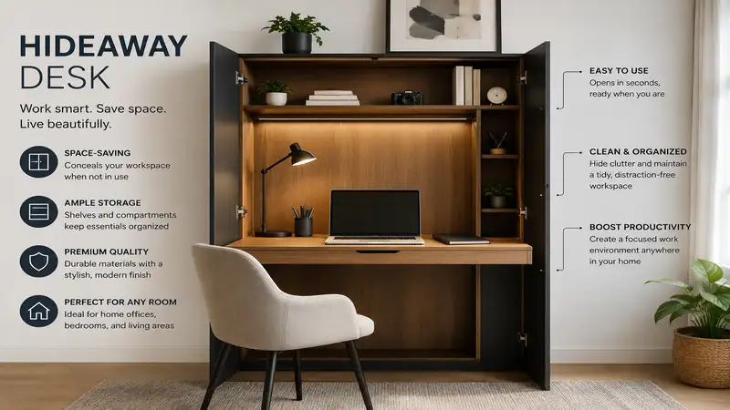 hideaway desk in a modern home office with built-in storage and space-saving design