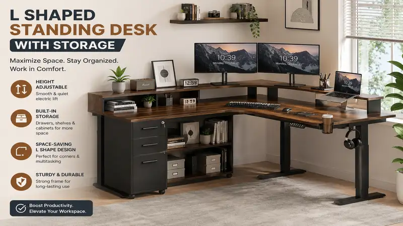 Modern l shaped standing desk with storage drawers and shelves in a stylish home office