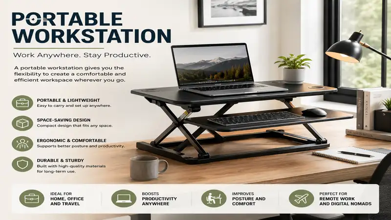 portable workstation with ergonomic desk setup, laptop, and productivity accessories for flexible remote work