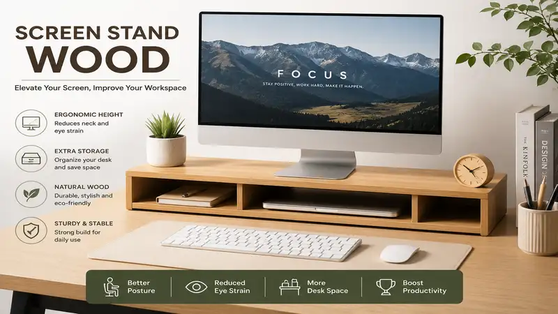 screen stand wood on a modern office desk with ergonomic monitor setup and extra storage