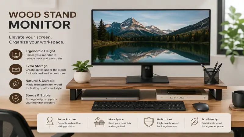 wood stand monitor on a modern office desk with ergonomic workspace setup