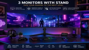 3 monitors with stand gaming setup featuring immersive RGB lighting and ultra-wide gameplay view
