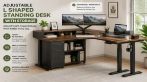 Adjustable l shaped standing desk with storage and ergonomic dual monitor workspace