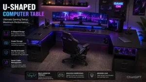 computer table u shaped gaming setup with RGB lighting and multi monitor display