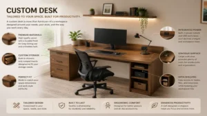 Elegant wooden custom desk designed for home office productivity