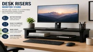 desk risers used as monitor stands to create a comfortable and organized workstation