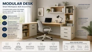 modular desk in a modern home office with adjustable shelving and ergonomic design