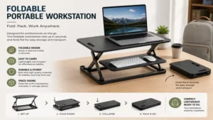 portable workstation with foldable design for easy storage, portability, and efficient workspace setup
