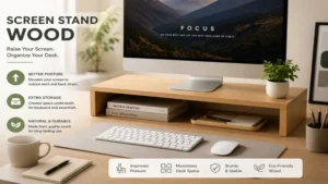 screen stand wood monitor riser improving posture and desk organization in a clean workspace