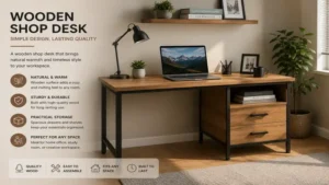 shop desk wooden design with storage drawers and shelves