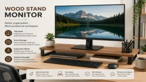 wood stand monitor improving desk organization in a clean home office