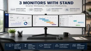 3 monitors with stand office workspace designed for multitasking and professional productivity