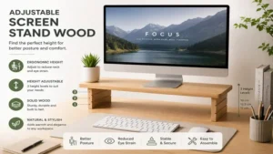 adjustable screen stand wood with ergonomic height levels for comfortable monitor viewing