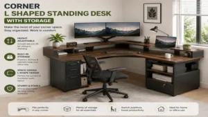 Corner l shaped standing desk with storage shelves and organized office setup