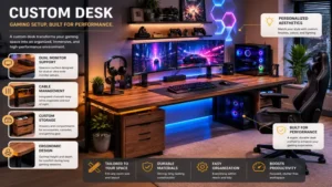 Stylish custom desk with dual monitors and organized gaming accessories
