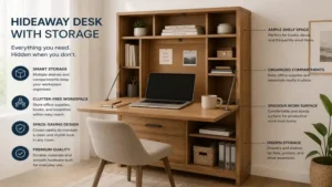 hideaway desk with storage shelves and organized compartments for home office essentials