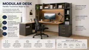 modular desk setup with flexible configuration and smart storage solutions