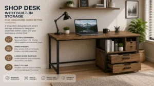 shop desk storage drawers with organized workstation layout