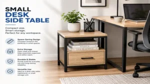 small desk side table designed for compact workspaces with smart storage solutions