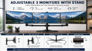 Adjustable 3 monitors with stand offering height tilt swivel and rotation customization