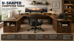 computer table u shaped wooden desk with smart storage and dual monitor setup