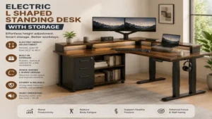 Electric l shaped standing desk with storage and modern wooden finish for productivity