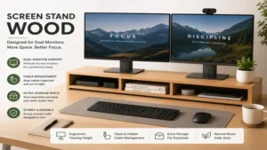screen stand wood designed for dual monitor setup with organized cable management