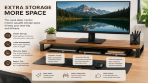 wood stand monitor with extra storage space for keyboard, laptop, and accessories