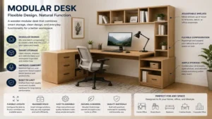 wooden modular desk with open shelves, drawers, and minimalist workspace style