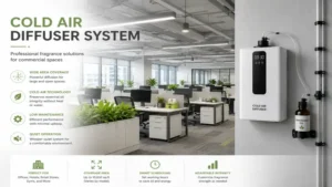 Commercial cold air diffuser system installed in a spacious office environment