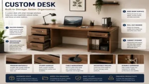 Functional custom desk featuring built-in drawers and storage compartments