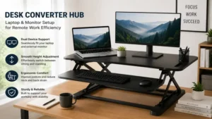 Desk Converter Hub with laptop and monitor setup for remote work efficiency
