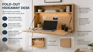 hideaway desk fold-out design with spacious work surface and built-in shelving