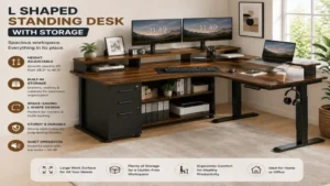 Spacious l shaped standing desk with storage drawers and clean workstation layout