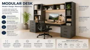 modern modular desk with ergonomic workstation and spacious storage compartments