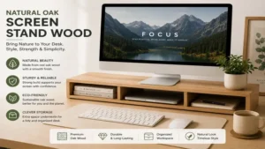 natural oak screen stand wood adding elegant storage and style to a minimalist desk