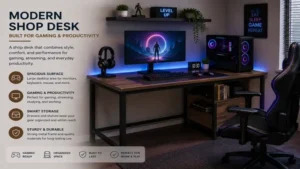 shop desk gaming setup with RGB computer workstation