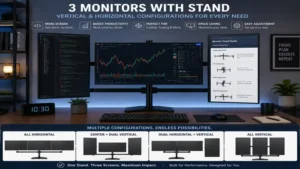 Vertical 3 monitors with stand layout for coding trading and advanced multitasking workflows