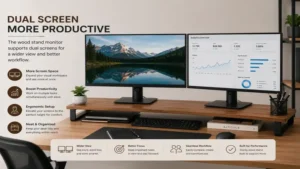 wood stand monitor supporting a dual screen workstation for increased productivity