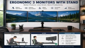 Ergonomic 3 monitors with stand improving posture reducing neck strain and enhancing comfort