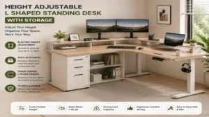 Height adjustable l shaped standing desk with storage in a minimalist office design