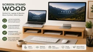 screen stand wood supporting laptop and monitor setup for better comfort and productivity