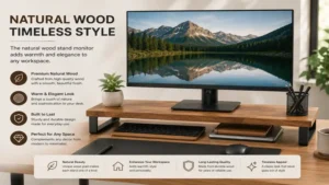 wood stand monitor with natural wood finish adding warmth and style to a workspace