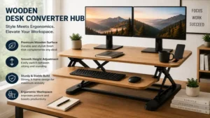 Wooden Desk Converter Hub with stylish ergonomic workstation and adjustable height design