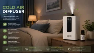 Cold air diffuser creating a relaxing and fresh atmosphere inside a cozy bedroom