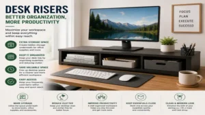 desk risers helping with workspace organization by creating extra storage and desk space